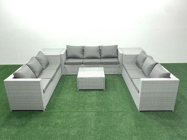 Rackhams Rattan Garden Outdoor Furniture Set 9 Seater Rattan Garden Sofa Set with 2 Side Tables Light Grey Mixed - image 1