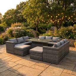 Rackhams 11 Seater Rattan Garden Furniture Set with Rising Dining Table, 3 Sofas, 2 Stools - Dark Grey Mixed
