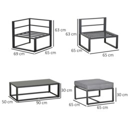 Rackhams 5-Piece Outdoor Patio Set Padded Cushion Coffee Table Aluminum Tube - Light grey, Dark grey - Aluminum, Polyester, Tempered glass - 90cmx50cmx30cm - thumbnail 5