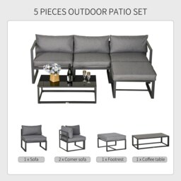 Rackhams 5-Piece Outdoor Patio Set Padded Cushion Coffee Table Aluminum Tube - Light grey, Dark grey - Aluminum, Polyester, Tempered glass - 90cmx50cmx30cm - thumbnail 3