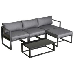 Rackhams 5-Piece Outdoor Patio Set Padded Cushion Coffee Table Aluminum Tube - Light grey, Dark grey - Aluminum, Polyester, Tempered glass - 90cmx50cmx30cm - thumbnail 2