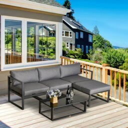 Rackhams 5-Piece Outdoor Patio Set Padded Cushion Coffee Table Aluminum Tube - Light grey, Dark grey - Aluminum, Polyester, Tempered glass - 90cmx50cmx30cm - thumbnail 1
