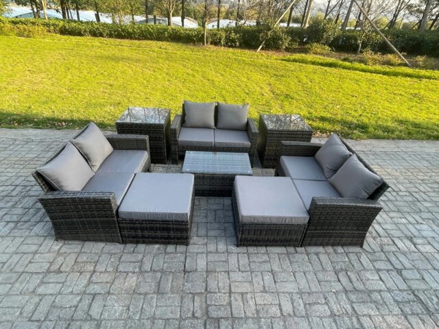 Rackhams 8 pc Rattan Sofa Garden Furniture Outdoor Patio Set with 2 Side Tables 2 Big Footstool Love Seat Sofa Dark Grey Mixed - image 1