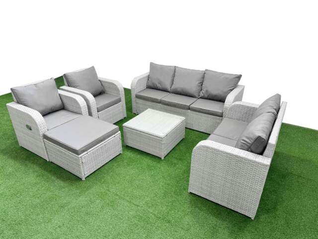 Rackhams PE Rattan Garden Furniture Set Adjustable Chair Sofa Double Love Seat 2 Seater Sofa Lounge Set Square Coffee Table Big Footstool Light Grey - image 1