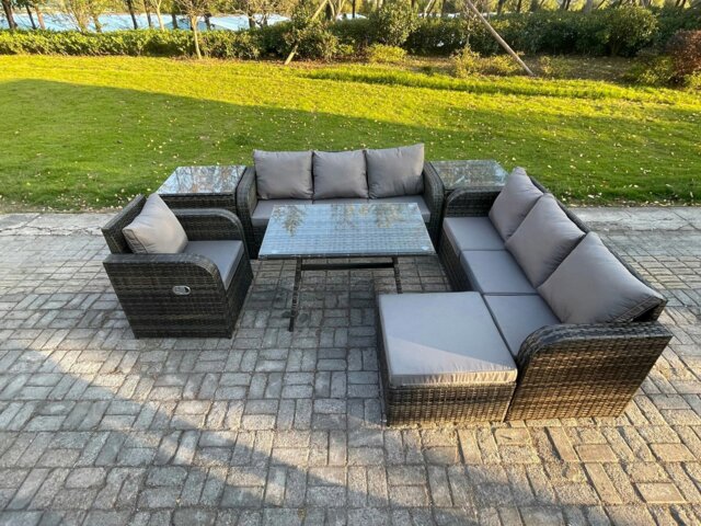 Rackhams Dark Grey Mixed PE Rattan Outdoor Lounge Set - Rectangular Dining Table, Reclining Chair, 2 Side Tables & Big Footstool - image 1
