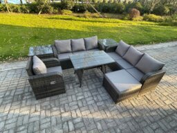 Rackhams Dark Grey Mixed PE Rattan Outdoor Lounge Set - Rectangular Dining Table, Reclining Chair, 2 Side Tables & Big Footstool - thumbnail 2
