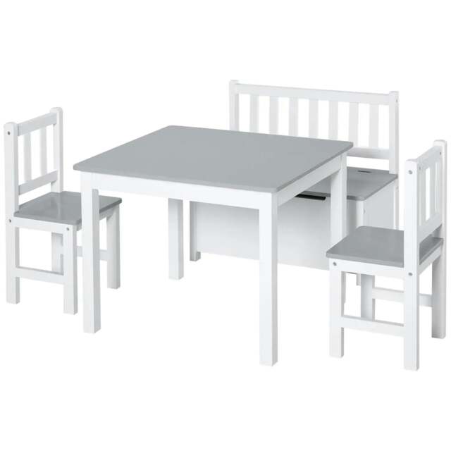 Rackhams 4-Piece Kids Table and Chair Set with 2 Wooden Chairs, 1 Storage Bench, and Interesting Modern Design, Grey/White - image 1
