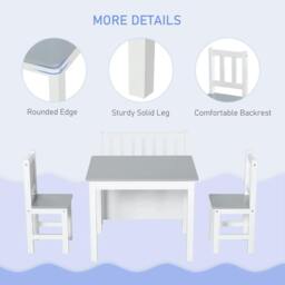 Rackhams 4-Piece Kids Table and Chair Set with 2 Wooden Chairs, 1 Storage Bench, and Interesting Modern Design, Grey/White - thumbnail 5