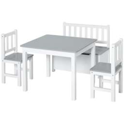 Rackhams 4-Piece Kids Table and Chair Set with 2 Wooden Chairs, 1 Storage Bench, and Interesting Modern Design, Grey/White - thumbnail 1