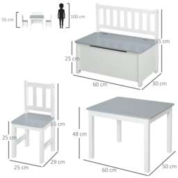Rackhams 4-Piece Kids Table and Chair Set with 2 Wooden Chairs, 1 Storage Bench, and Interesting Modern Design, Grey/White - thumbnail 3