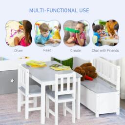 Rackhams 4-Piece Kids Table and Chair Set with 2 Wooden Chairs, 1 Storage Bench, and Interesting Modern Design, Grey/White - thumbnail 4