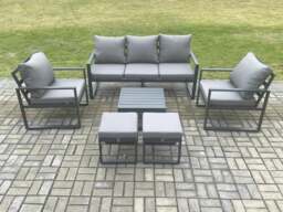 Rackhams Aluminium 7 Seater Outdoor Lounge Sofa Set Garden Furniture Sets with Square Coffee Table 2 Chairs 2 Small Footstools Dark Grey - thumbnail 2