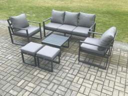 Rackhams Aluminium 7 Seater Outdoor Lounge Sofa Set Garden Furniture Sets with Square Coffee Table 2 Chairs 2 Small Footstools Dark Grey - thumbnail 1
