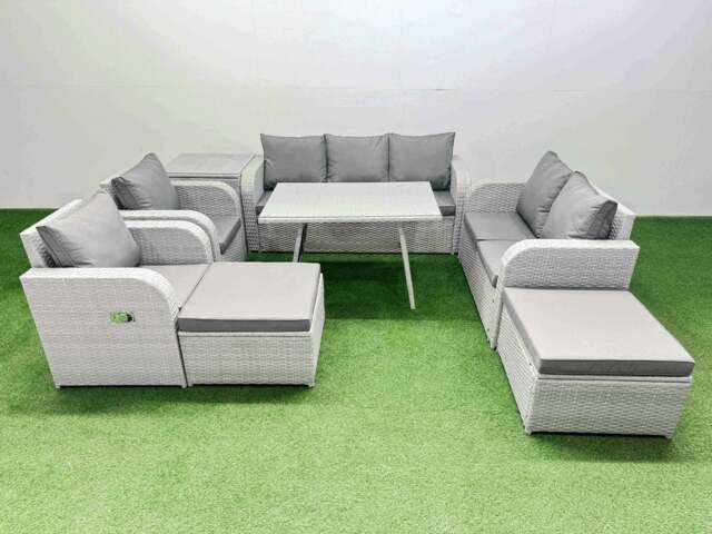 Rackhams PE Rattan Garden Furniture Set Outdoor Rectangular Dining Table Sofa Set with Reclining Chair 2 Big Stool Side Table Light Grey - image 1