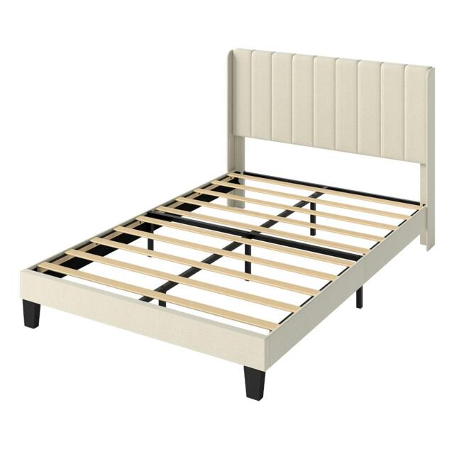 Rackhams Wooden Bed Frame King Panel Plush Upholstered Metal Bed Platform Beige - image 1