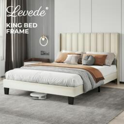 Rackhams Wooden Bed Frame King Panel Plush Upholstered Metal Bed Platform Beige - thumbnail 2