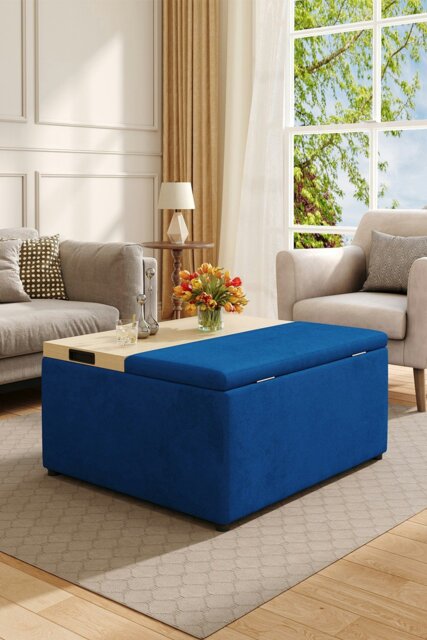 Rackhams Velvet Upholstered Storage Ottoman Stool - Blue - image 1