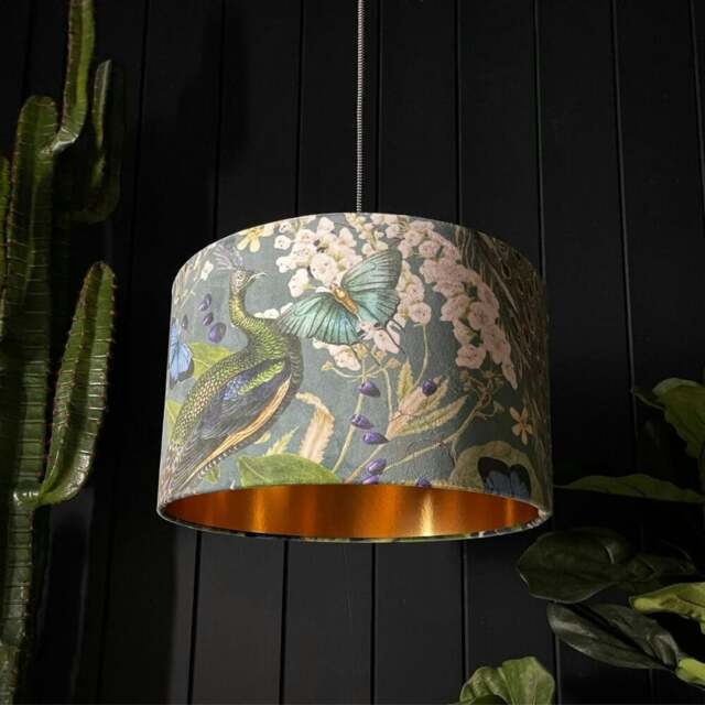 "Rackhams Emerald Mythical Plumes Velvet Lampshade With Gold Lining - Ceiling Pendant / Arc Lamp - 30cm Diameter x 25cm Height (12"" x 10"")" - image 1