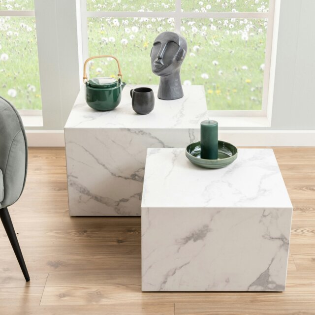 Rackhams Dice Square Coffee Table Set in White Marble Effect - 1 - White - White - image 1