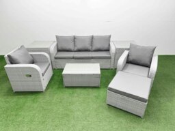 Rackhams PE Rattan Garden Furniture Set Reclining Chair Sofa Lounge Sofa Set Oblong Coffee Table 2 Side Table Big Footstool Light Grey - thumbnail 1