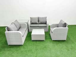 Rackhams High Back Rattan Garden Furniture Set with Reclining Chair Loveseat Sofa Square Coffee Table Indoor Outdoor Patio  Set Side Table Light Grey - thumbnail 1