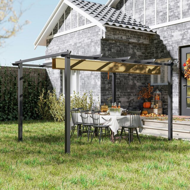 Rackhams 3 x 3(m) Aluminium Pergola with Retractable Roof, Garden Gazebo Canopy - Khaki - Aluminium, Polyester - 395L x 296W x 237Hcm - image 1