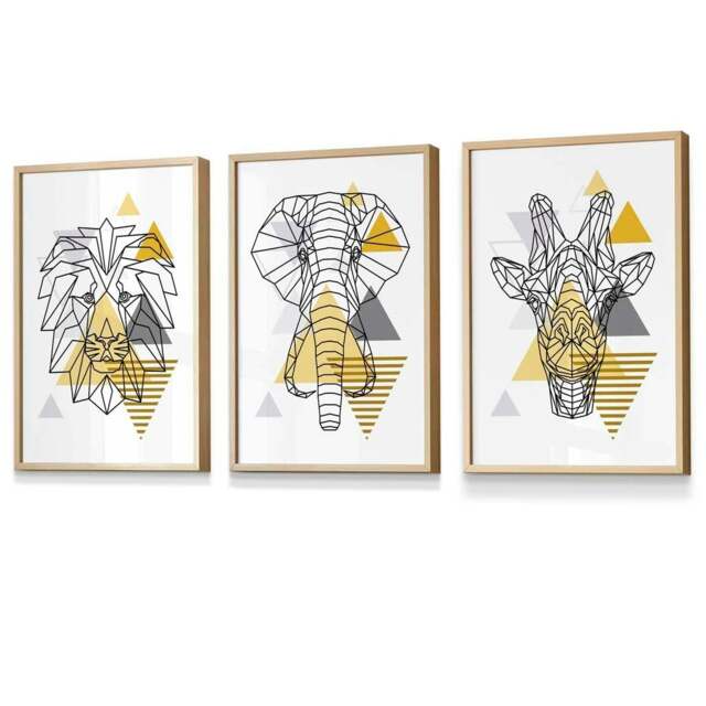 Rackhams Yellow Geometric Giraffe Lion Elephant Set of 3 Framed Wall Art - 42x59cm (A2) - Light Oak - image 1