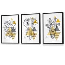 Rackhams Yellow Geometric Giraffe Lion Elephant Set of 3 Framed Wall Art - 42x59cm (A2) - Light Oak - thumbnail 4