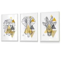 Rackhams Yellow Geometric Giraffe Lion Elephant Set of 3 Framed Wall Art - 42x59cm (A2) - Light Oak - thumbnail 6