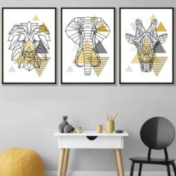 Rackhams Yellow Geometric Giraffe Lion Elephant Set of 3 Framed Wall Art - 42x59cm (A2) - Light Oak - thumbnail 3