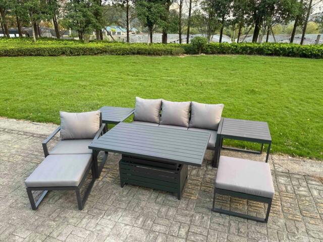 Rackhams 6 Seater Aluminium Garden Furniture Set with Adjustable Rising Dining Table, 2 Side Tables - Dark Grey - image 1