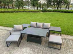 Rackhams 6 Seater Aluminium Garden Furniture Set with Adjustable Rising Dining Table, 2 Side Tables - Dark Grey - thumbnail 1