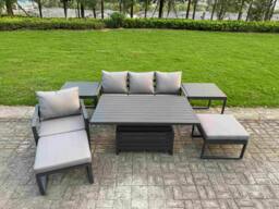 Rackhams 6 Seater Aluminium Garden Furniture Set with Adjustable Rising Dining Table, 2 Side Tables - Dark Grey - thumbnail 2