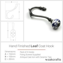 Rackhams Hand Finished Blue Leaf Ceramic Coat Hooks - Pack of 4 - thumbnail 2