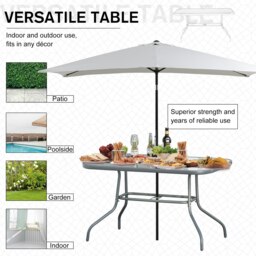 Rackhams Metal Garden Dining Table Outdoor Patio w/ Glass, Umbrella Hole - thumbnail 3