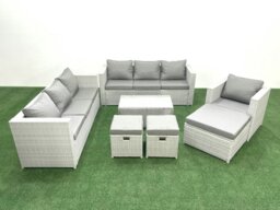 Rackhams Wicker PE Rattan Sofa Garden Furniture Set with Armchair Oblong Coffee Table 3 Footstools Light Grey Mixed - thumbnail 1
