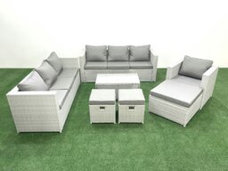 Rackhams Wicker PE Rattan Sofa Garden Furniture Set with Armchair Oblong Coffee Table 3 Footstools Light Grey Mixed - thumbnail 2