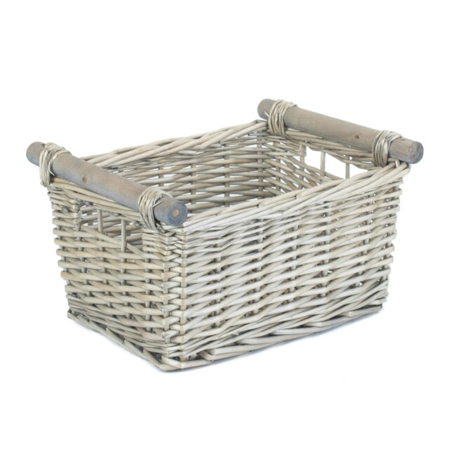 Rackhams Grey Wash Wooden Handled Wicker Storage Basket - Grey - Wicker - Small