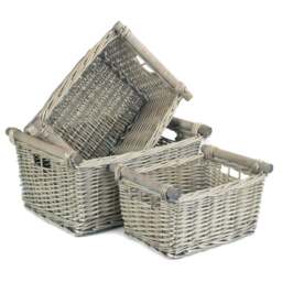 Rackhams Grey Wash Wooden Handled Wicker Storage Basket - Grey - Wicker - Small - thumbnail 2