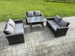Rackhams 6 Seater Rattan Wicker Garden Furniture Patio Conservatory Sofa Set with Rectangular Dining Table Love Seat Sofa - thumbnail 1
