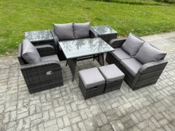 Rackhams 7 Seater Outdoor Garden Dining Sets Rattan Furniture With Dining Table Armchairs Love Sofa 2 Small Footstools 2 Side Tables Dark Grey Mixed - thumbnail 2