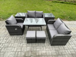 Rackhams 7 Seater Outdoor Garden Dining Sets Rattan Furniture With Dining Table Armchairs Love Sofa 2 Small Footstools 2 Side Tables Dark Grey Mixed