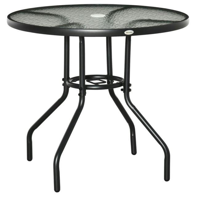 Rackhams Outdoor 80cm Round Dining Table Tempered Glass Top Steel Frame Bistro Coffee End Side Table Garden w/ Parasol Hole - image 1