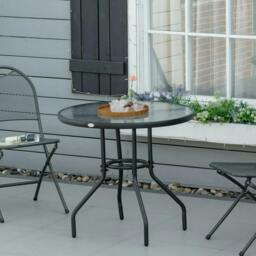 Rackhams Outdoor 80cm Round Dining Table Tempered Glass Top Steel Frame Bistro Coffee End Side Table Garden w/ Parasol Hole - thumbnail 2
