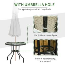 Rackhams Outdoor 80cm Round Dining Table Tempered Glass Top Steel Frame Bistro Coffee End Side Table Garden w/ Parasol Hole - thumbnail 4