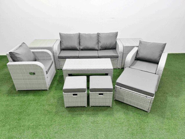 Rackhams PE Rattan Garden Furniture Set Reclining Chair Sofa Lounge Sofa Set Rectangular Coffee Table 2 Side Table 3 Stools Light Grey - image 1