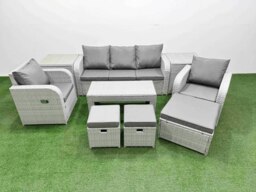 Rackhams PE Rattan Garden Furniture Set Reclining Chair Sofa Lounge Sofa Set Rectangular Coffee Table 2 Side Table 3 Stools Light Grey - thumbnail 1