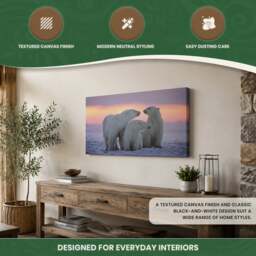 Rackhams Large 3 Polar Bears Canvas Print, Black and White Wildlife Wall Art, 100 x 50 cm, Stretched Canvas on Wooden Frame - thumbnail 5