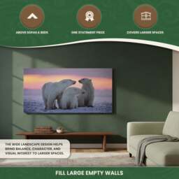 Rackhams Large 3 Polar Bears Canvas Print, Black and White Wildlife Wall Art, 100 x 50 cm, Stretched Canvas on Wooden Frame - thumbnail 3