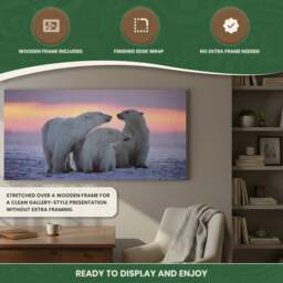 Rackhams Large 3 Polar Bears Canvas Print, Black and White Wildlife Wall Art, 100 x 50 cm, Stretched Canvas on Wooden Frame - thumbnail 4